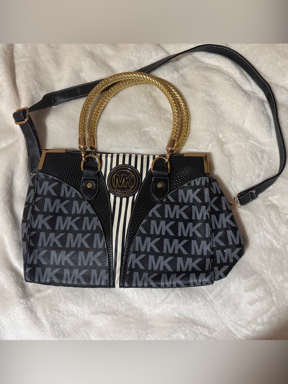 Michael Kors Black & Gold MK Signature Shoulder Bag with Striped Accent - Picture 1 of 2